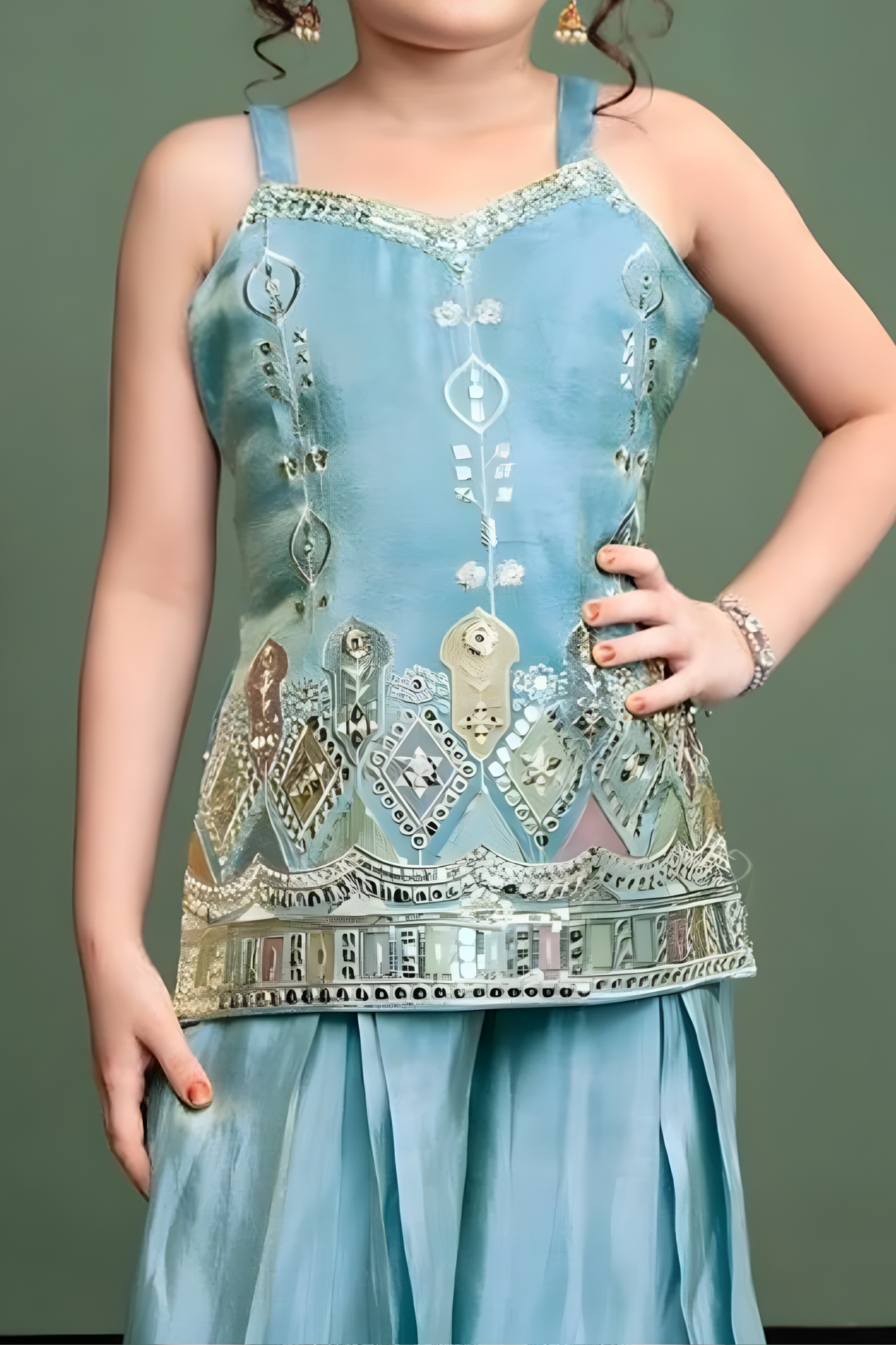 Girls' Aqua Blue Sharara Set with Sequined Peplum Kurta
