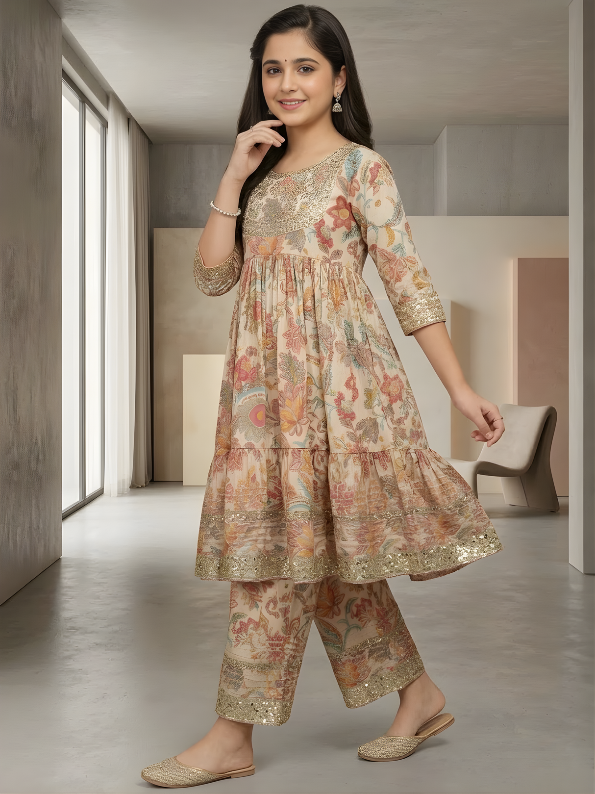 Girls' Elegant Cream Floral Tiered Suit Set with Heavy Sequin Work