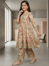 Girls' Elegant Cream Floral Tiered Suit Set with Heavy Sequin Work