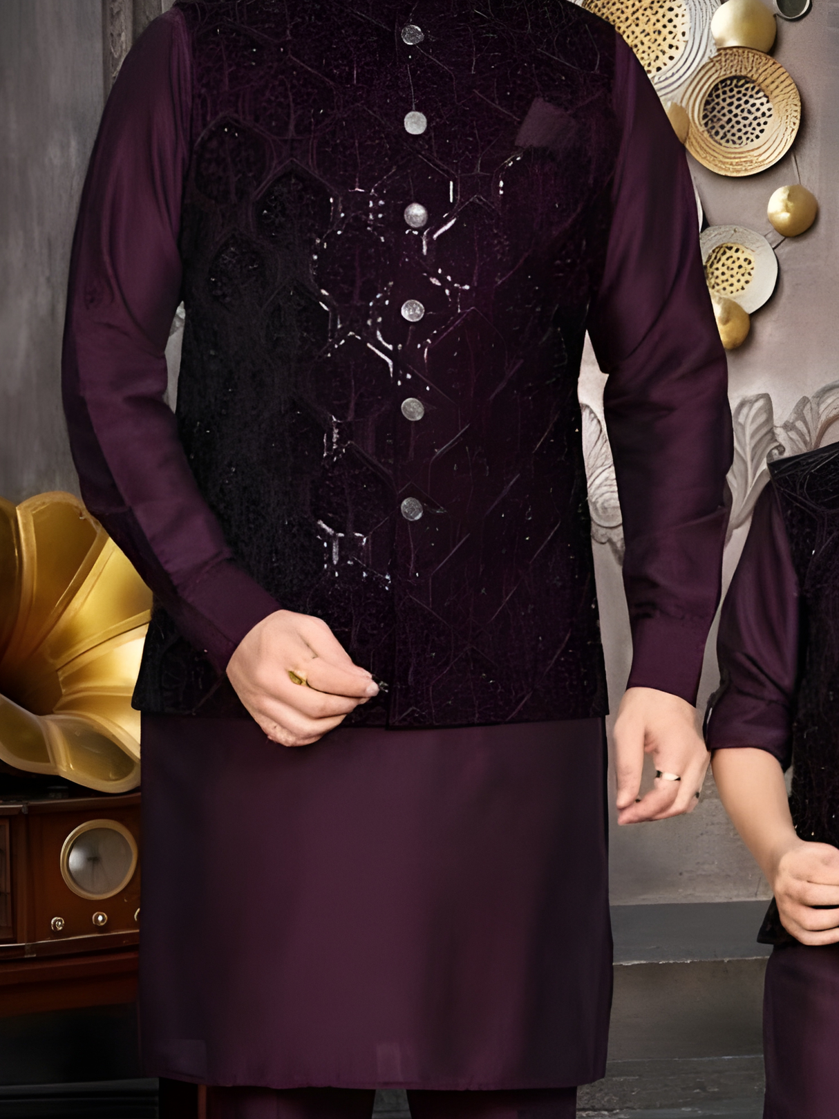 Boys' Dark Purple Kurta Set with Sequin Embroidered Waistcoat