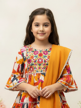 Girls Yellow Ethnic Printed Sharara Suit with Embroidered Kurti & Dupatta