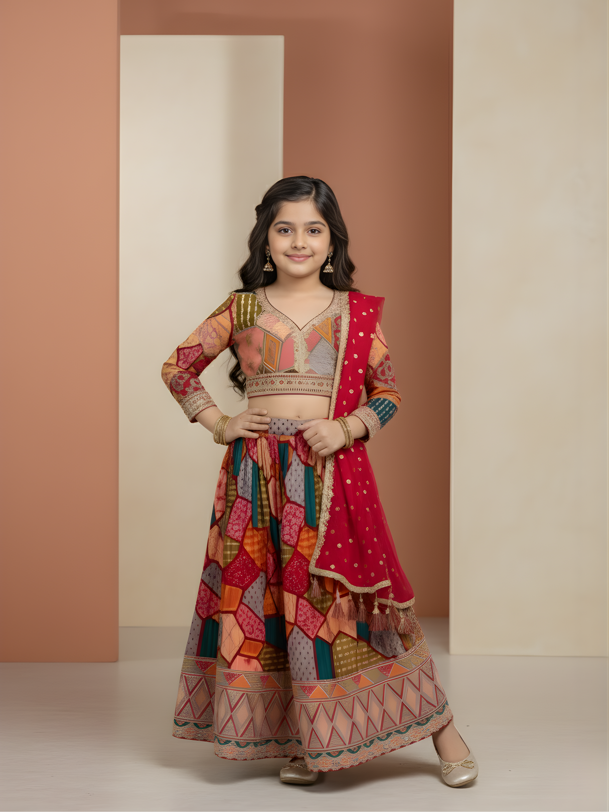 Girls' Deep Pink Floral Print Crop Top (Choli) and Striped Lehenga Set