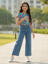 Girls' High-Waist Blue Wide-Leg Denim Jeans