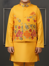 Boys Canary Yellow Kurta Set with Floral Embroidered Nehru Jacket