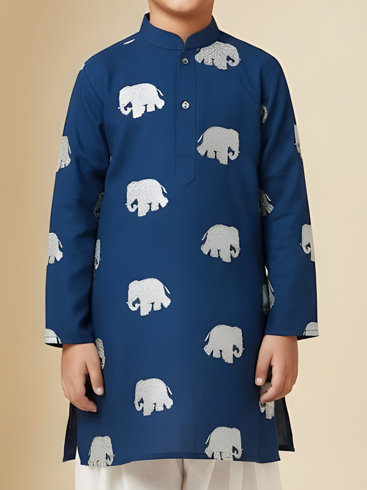 The Silver Majestic Elephant Printed Kurta & Pajama Set (Navy).