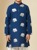 The Silver Majestic Elephant Printed Kurta & Pajama Set (Navy).