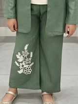 Girls' Sage Green Embroidered Pant Set with Longline Jacket
