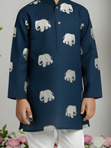 Boys' Navy Blue Kurta Pyjama Set with Embroidered Elephant Motifs