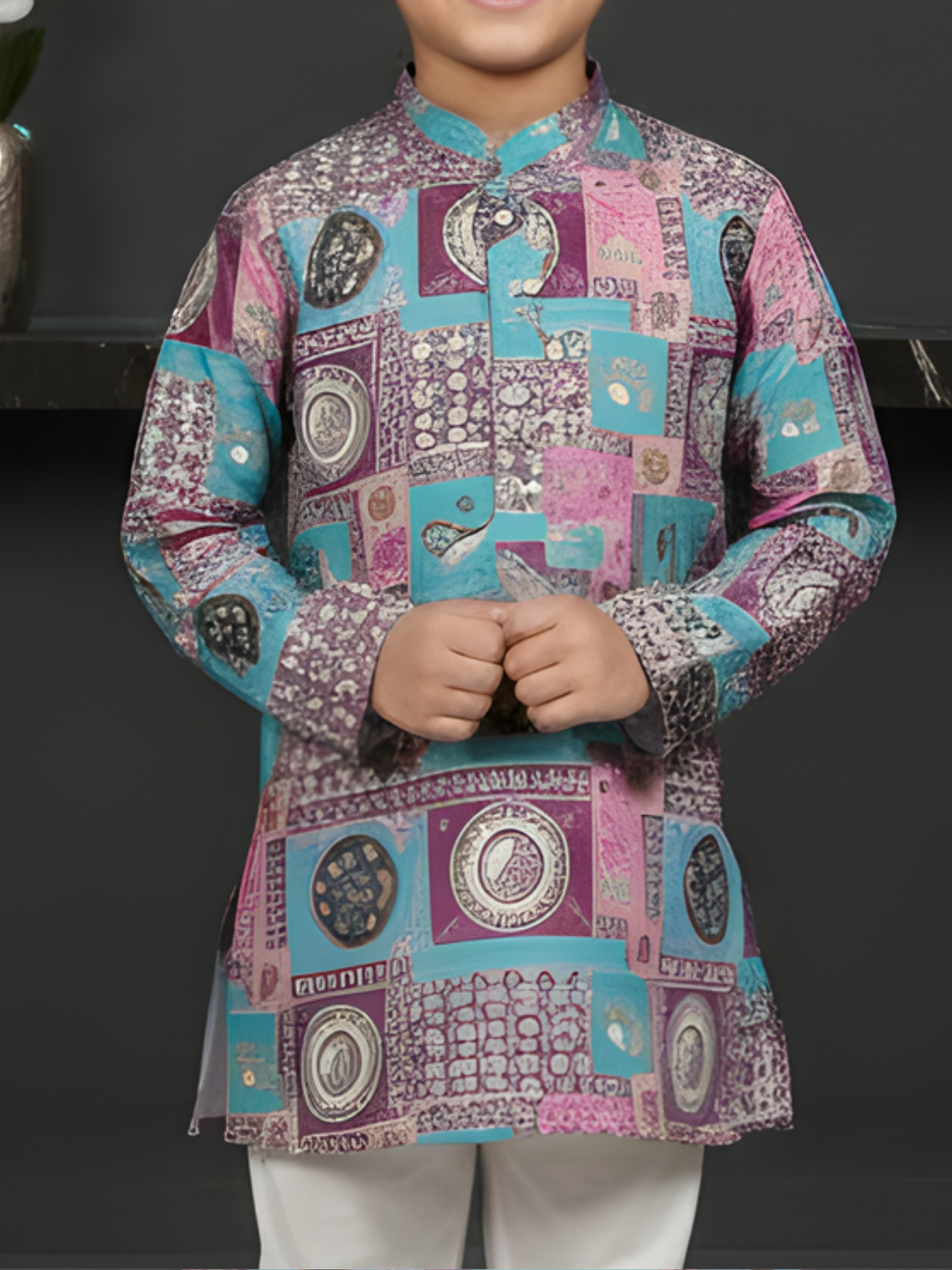 Boys Pink & Turquoise Geometric Print Kurta with White Pajama Set