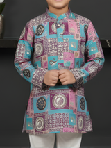 Boys Pink & Turquoise Geometric Print Kurta with White Pajama Set