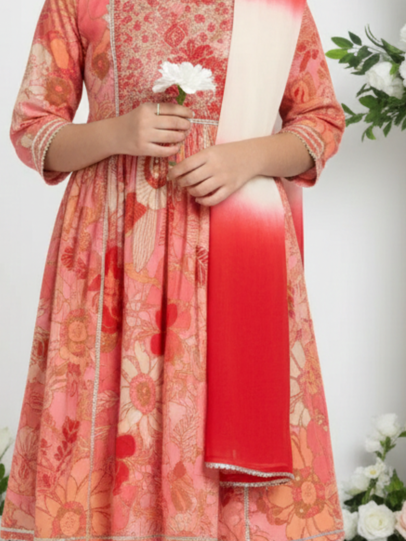 Girls' Coral Peach Floral Print Garara Suit with Tiered Kurti & Dupatta