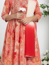 Girls' Coral Peach Floral Print Garara Suit with Tiered Kurti & Dupatta