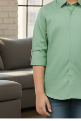 Boy's Crisp Light Green Casual Shirt with Roll-Up Sleeves