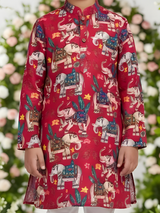 The Festive Parade Elephant Printed Kurta (Rani Pink/Red).