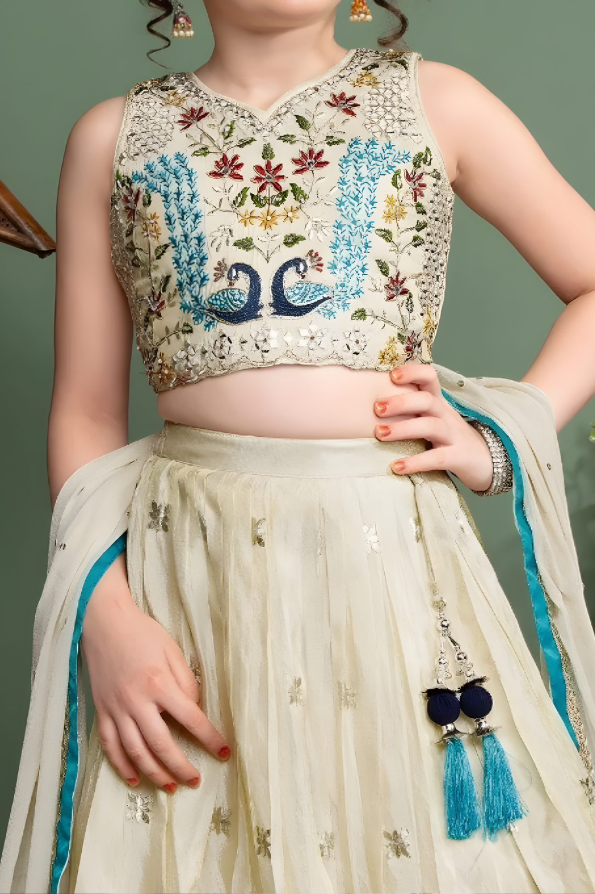 Ivory Cream Kids Lehenga Choli with Peacock & Deer Embroidery