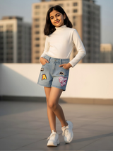 Girls' Light Blue Denim Shorts with Vibrant Graphic Patches and Relaxed Fit.