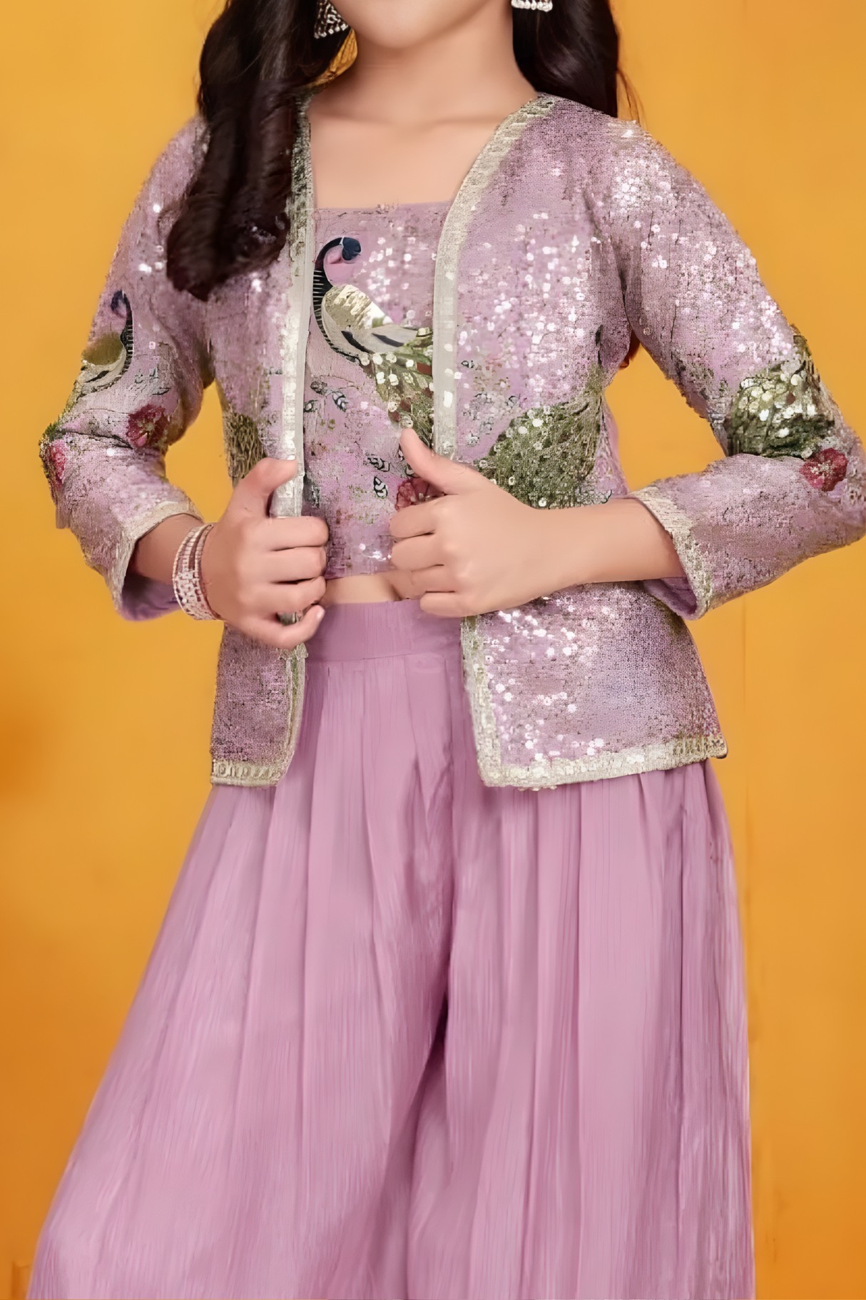Girls' Sequin Cropped Jacket, Crop Top, and Purple Sharara Set