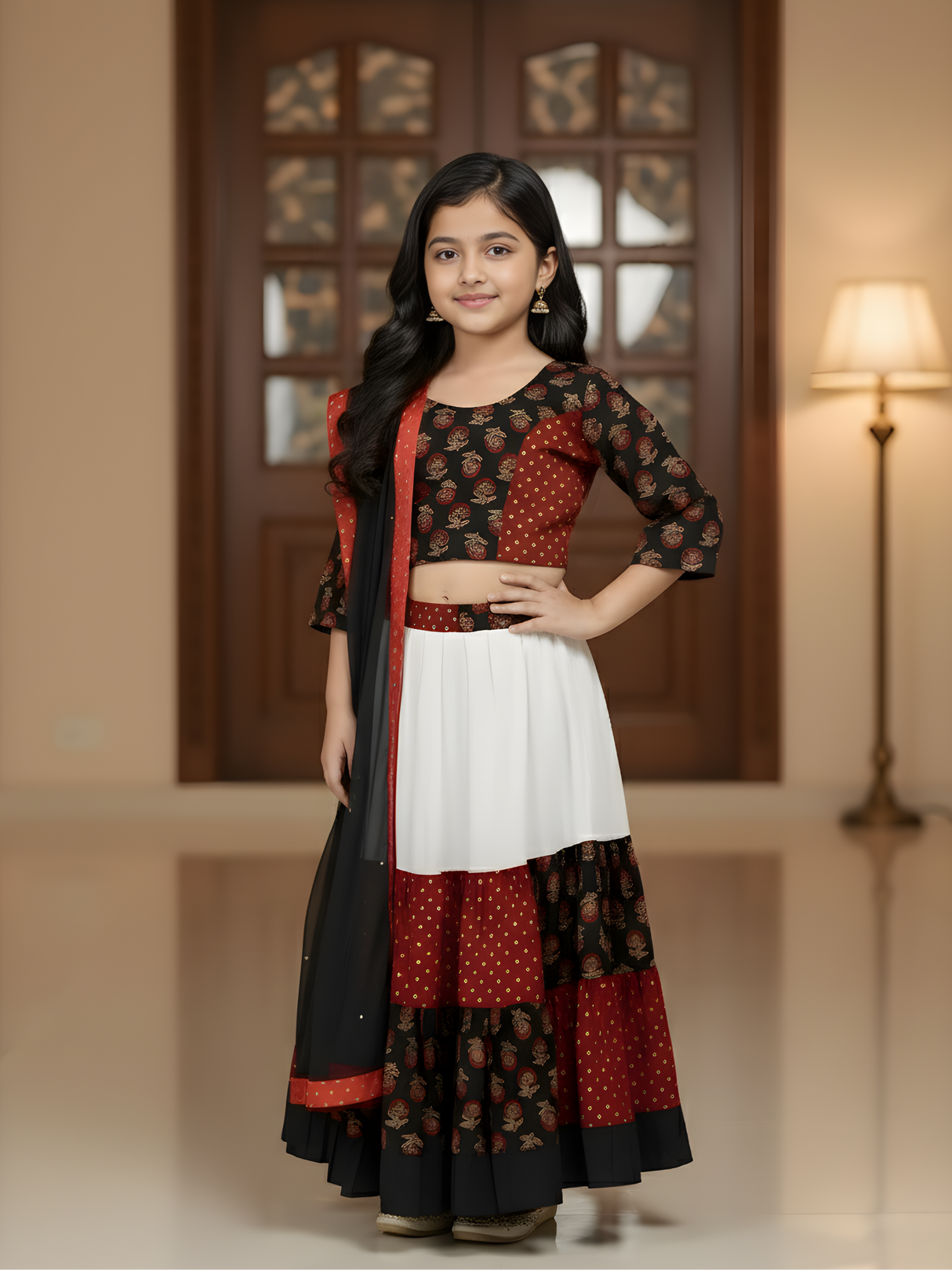 Girls' Black, Red, and White Tiered Block Print Lehenga Choli Set with Dupatta