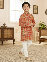 Boys Red Geometric Print Kurta Set