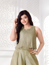 Girls Sleeveless Heavily Embellished Crop Top Palazzo Suit