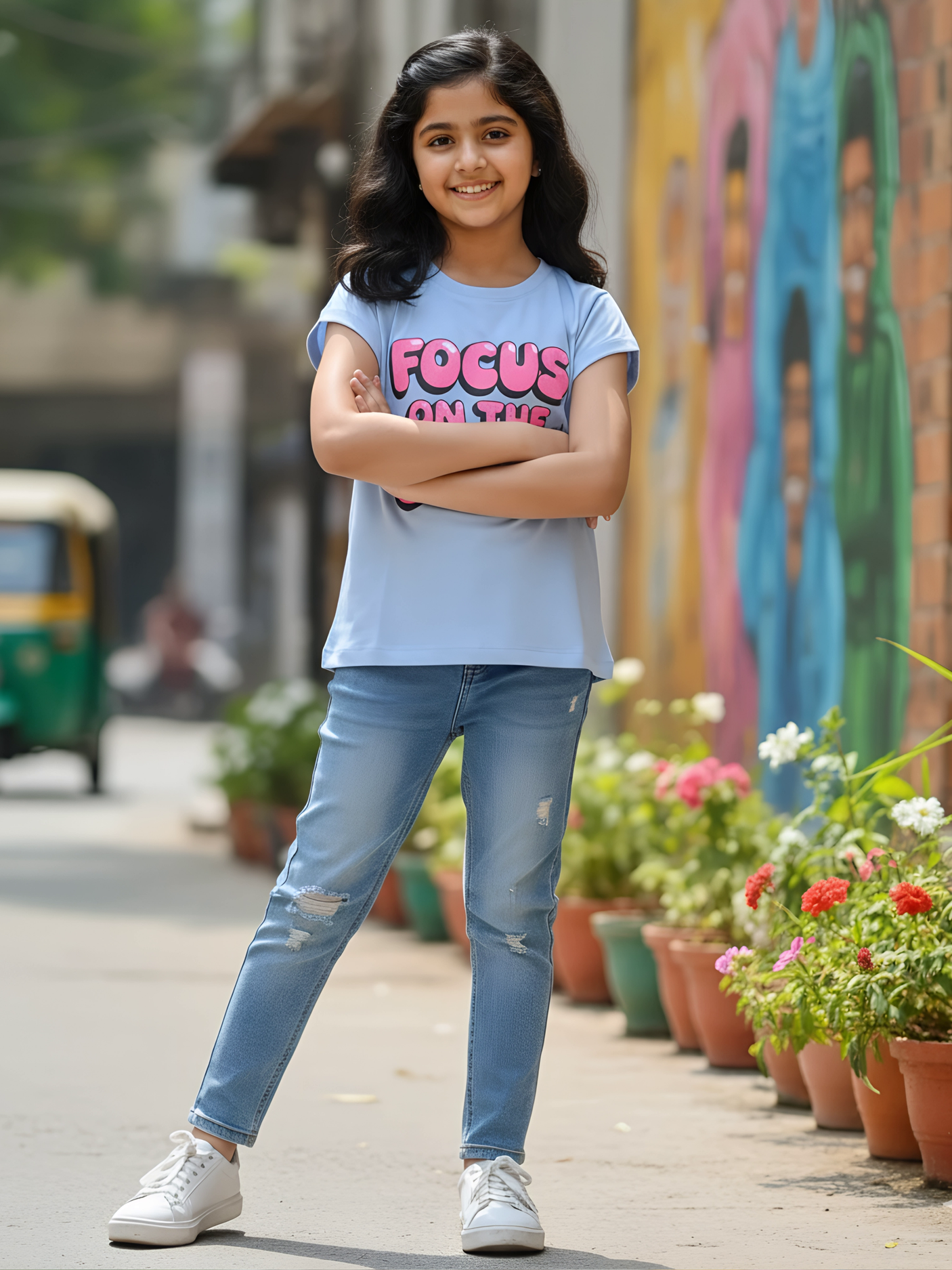 Girls' Casual Pastel Blue Graphic Print Top - "Focus On The Good"