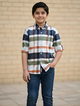 Boys Green Multi-Color Bold Check Casual Shirt