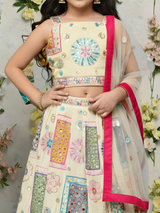 Girls' Cream Lehenga Choli Set with Multi-Color Patchwork and Mirror Work