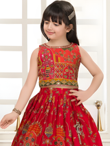 Girls' Festive Red Embroidered Choli and Long Printed Lehenga Set
