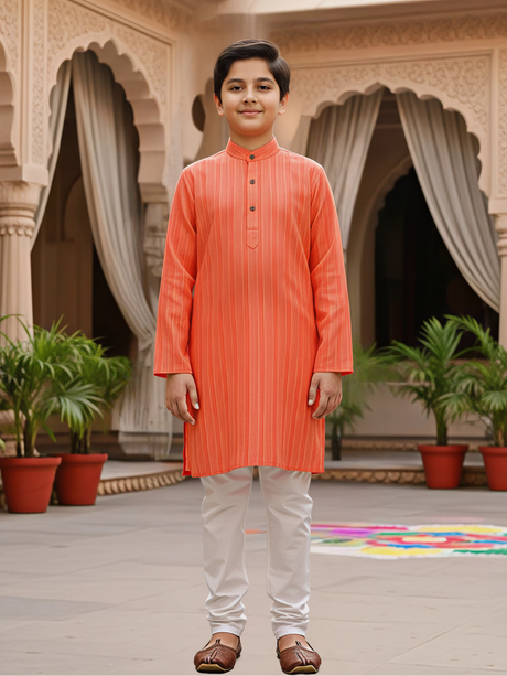 Boys Vibrant Orange Striped Kurta Set with Off-White Pajamas