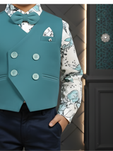 Boys' Teal Green Asymmetric Waistcoat Suit with Floral Shirt & Bow Tie