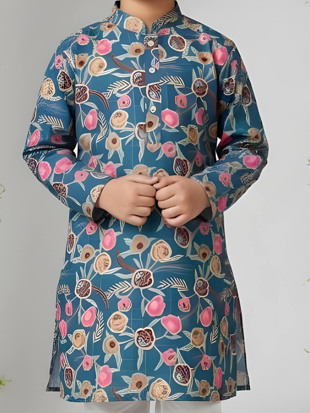 Boys' Teal Blue Floral Print Kurta with Cream Pyjama Set.