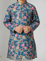 Boys' Teal Blue Floral Print Kurta with Cream Pyjama Set.