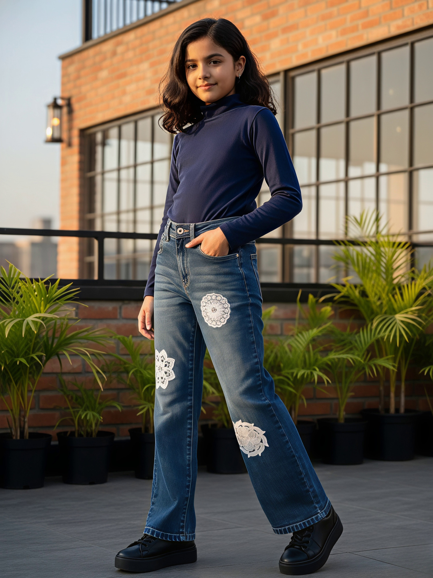 Girls' Blue Embroidered Wide-Leg Denim Jeans.