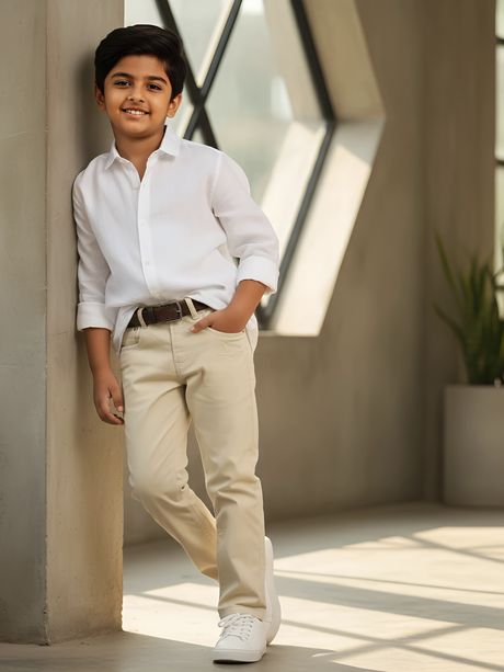 Boys Premium Cream Chino Trousers with Brown Braided Belt