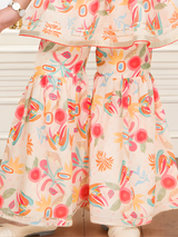 Girls' Cream Floral Print Peplum Top and Sharara Set.