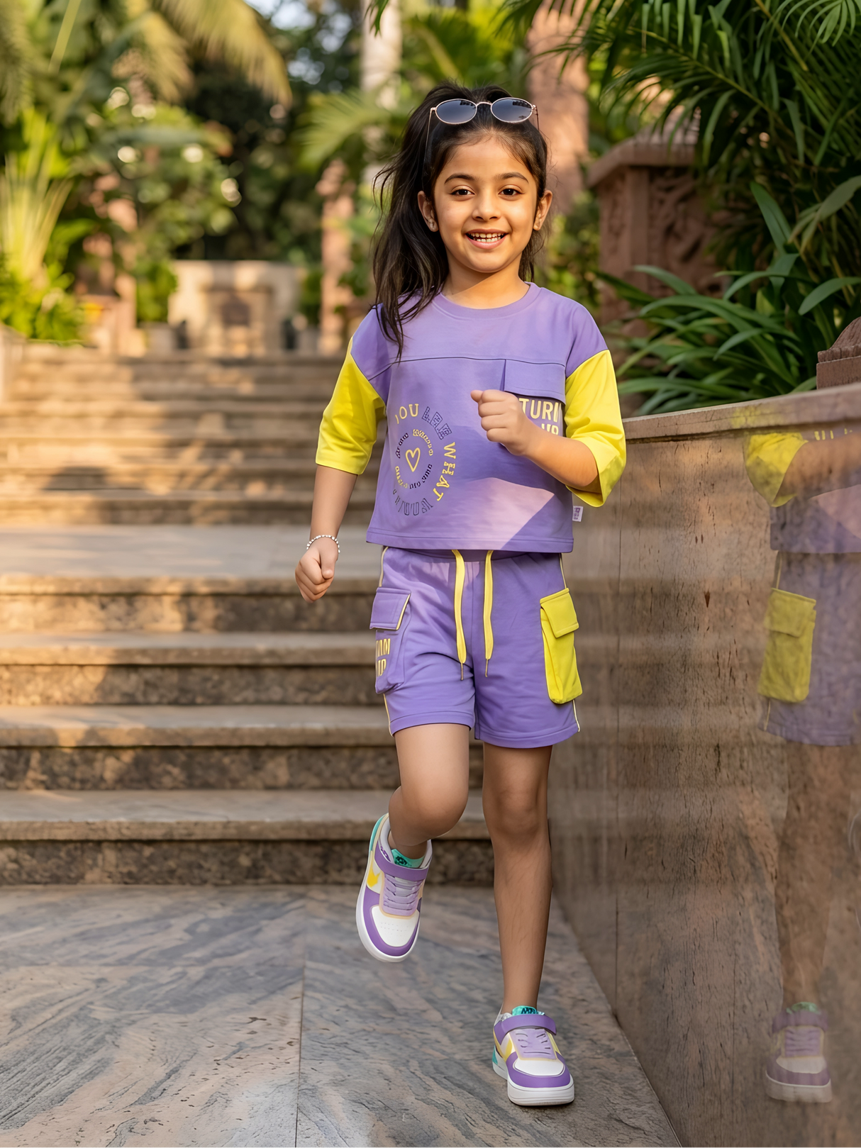 Girls Vibrant Purple & Lime Cargo Style Coordinate Set