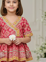 Girls' Festive Fuchsia Pink Print Angrakha Kurti and Tiered Sharara Set