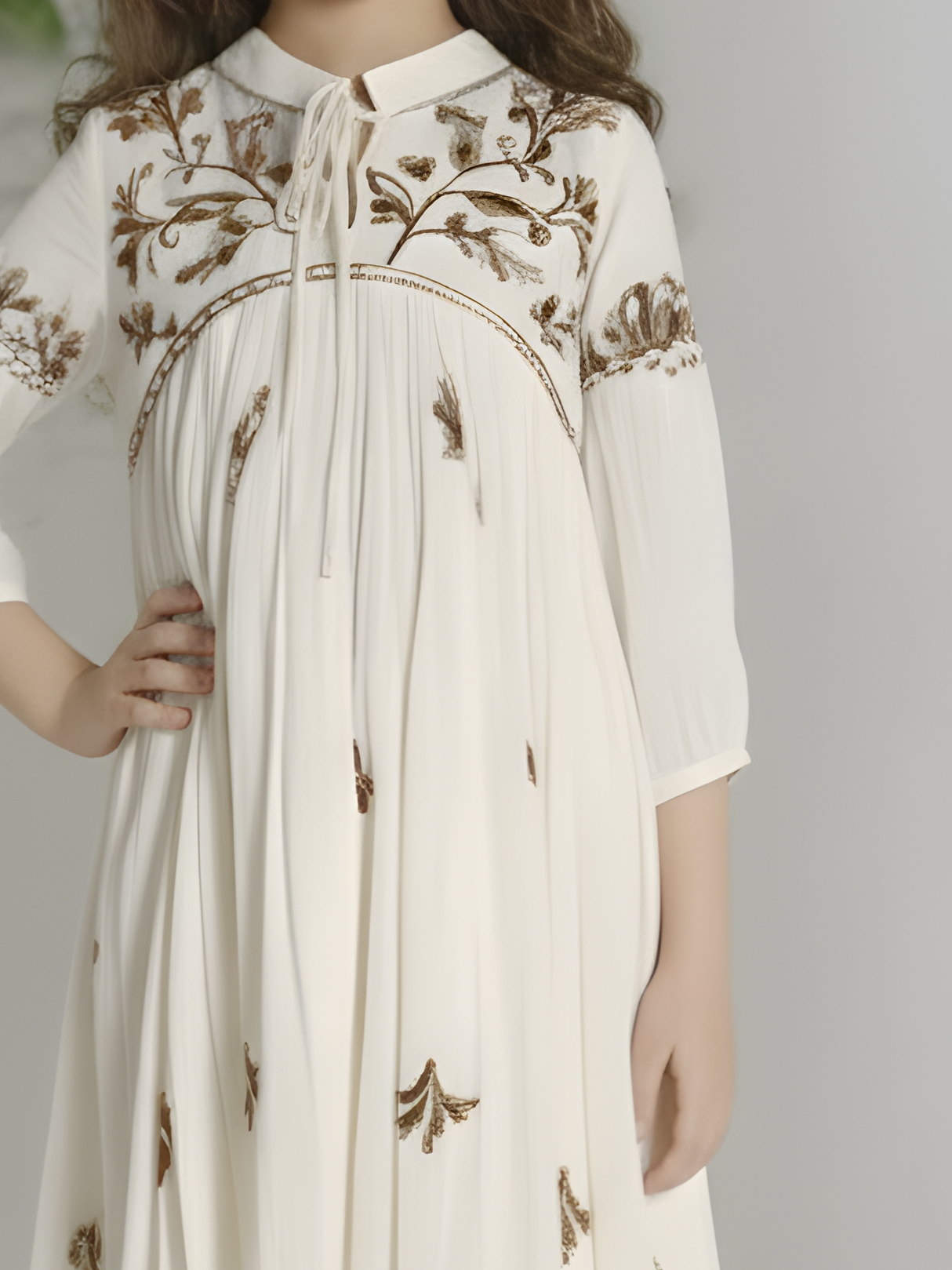 Girls' Chic Cream Pleated Kurti & Dhoti Set with Brown Lucknowi-Style Embroidery