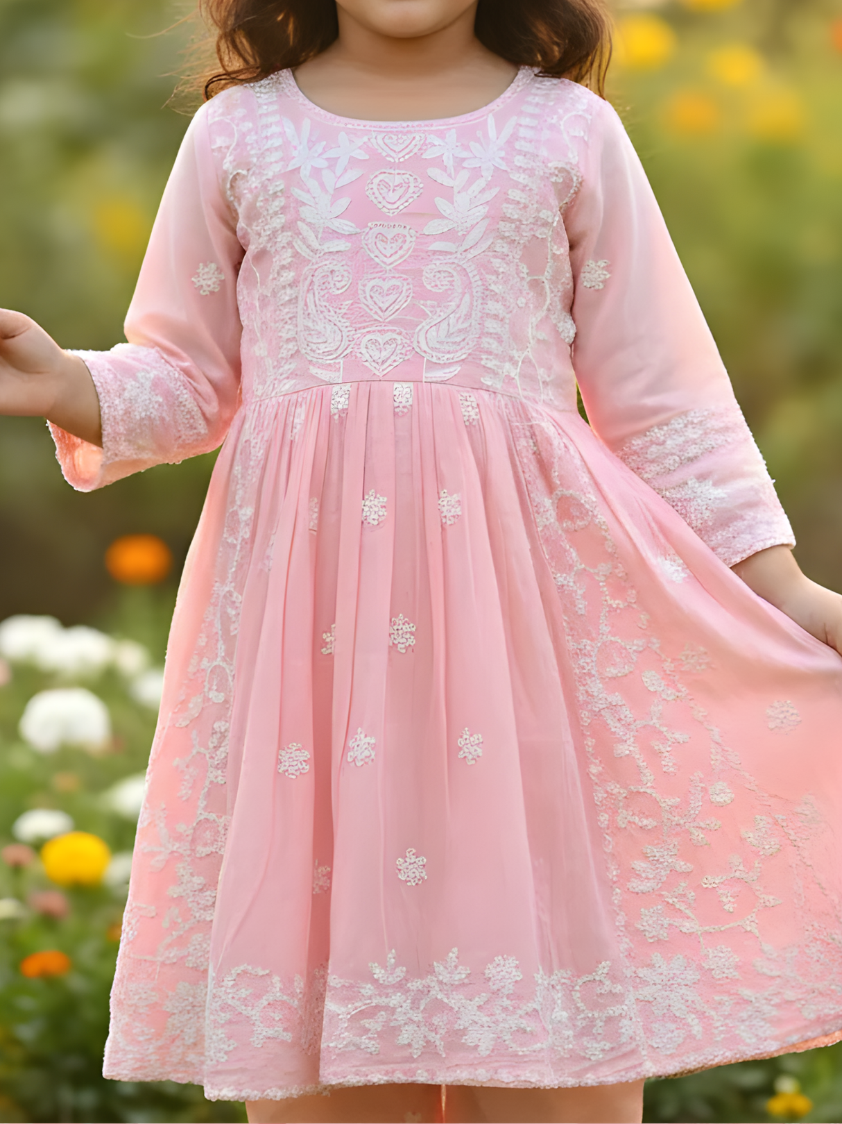 Girls' Pastel Pink Embroidered Kurti and Pant Two-Piece Set