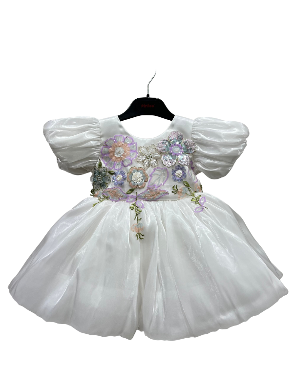 Baby Girl White Floral Party Dress with Puff Sleeves & Sequin Embroidery