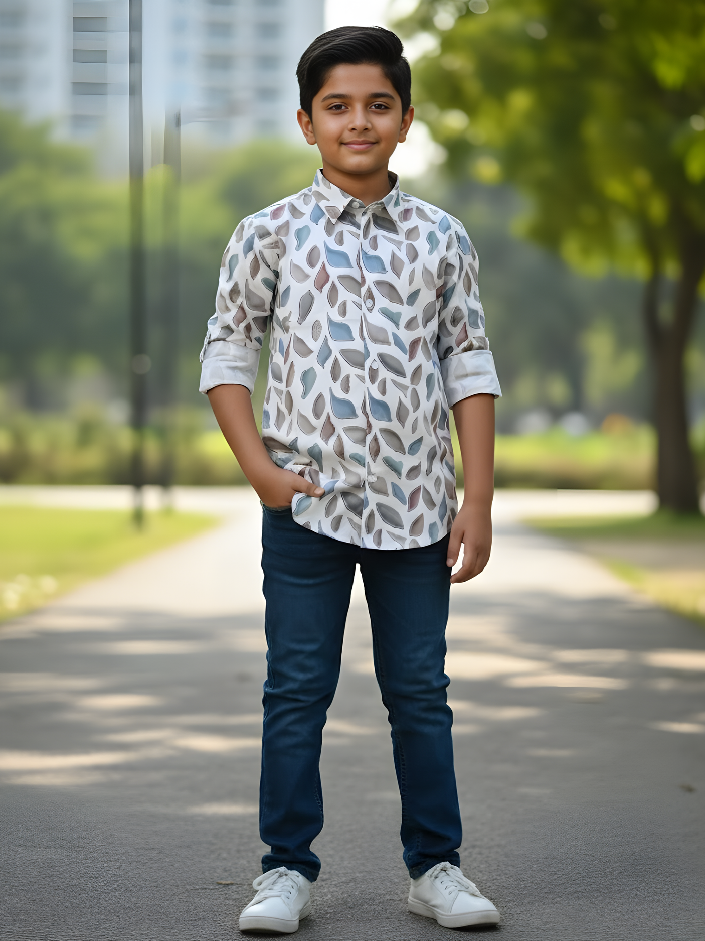 Boys White Mosaic Leaf Print Cotton Casual Shirt