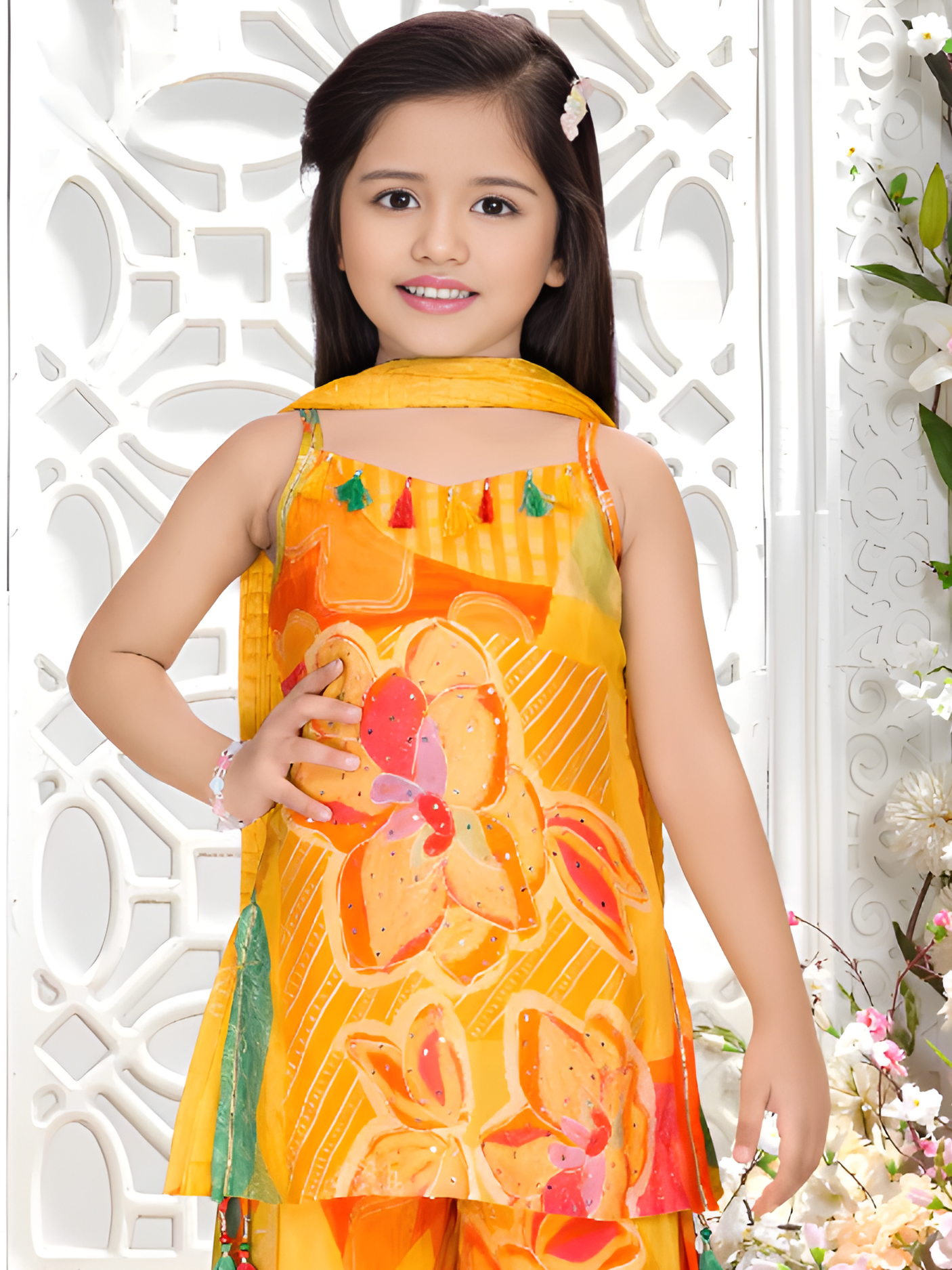 Girls' Bright Yellow Floral Print Sleeveless Kurti & Sharara Set with Scarf