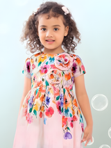 Toddler Girls' Watercolor Floral Print Cotton Frock with 3D Flower Detail