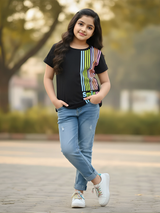 Girls' Vibrant Rainbow Stripe Graphic Top