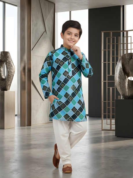 Boys' Blue & Black Geometric Print Kurta with Pyjama Set.