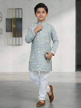 The Modern Mosaic Printed Kurta & Pajama Set (Aqua & White).
