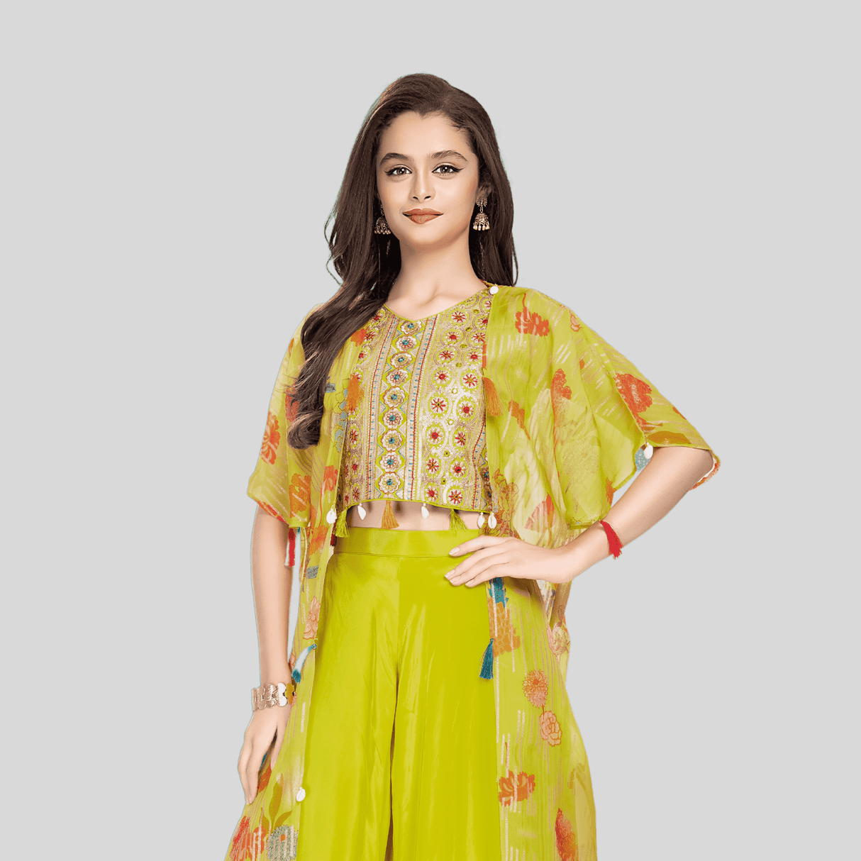 Girls Traditional Half Sleeves Plazo Set - Green