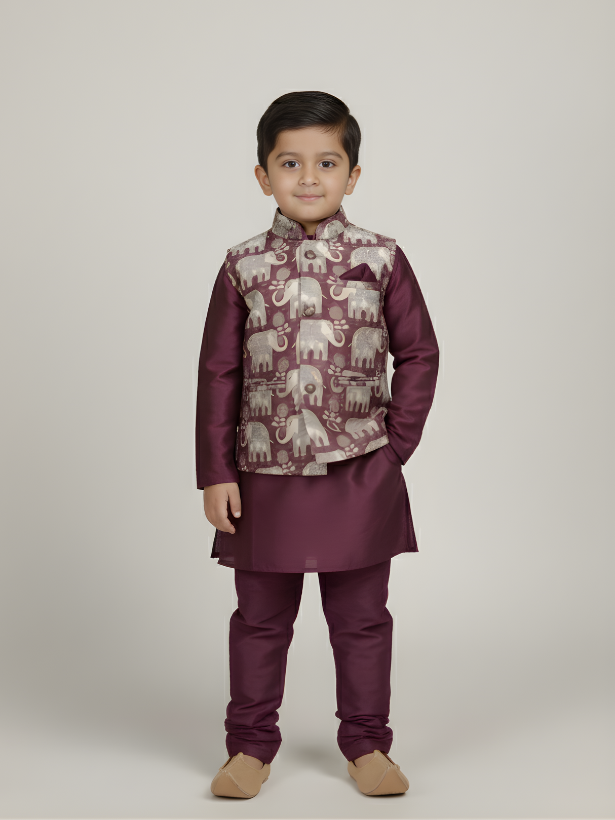 Boys' Regal Purple Kurta Pajama with Elephant Print Nehru Jacket