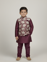 Boys' Regal Purple Kurta Pajama with Elephant Print Nehru Jacket