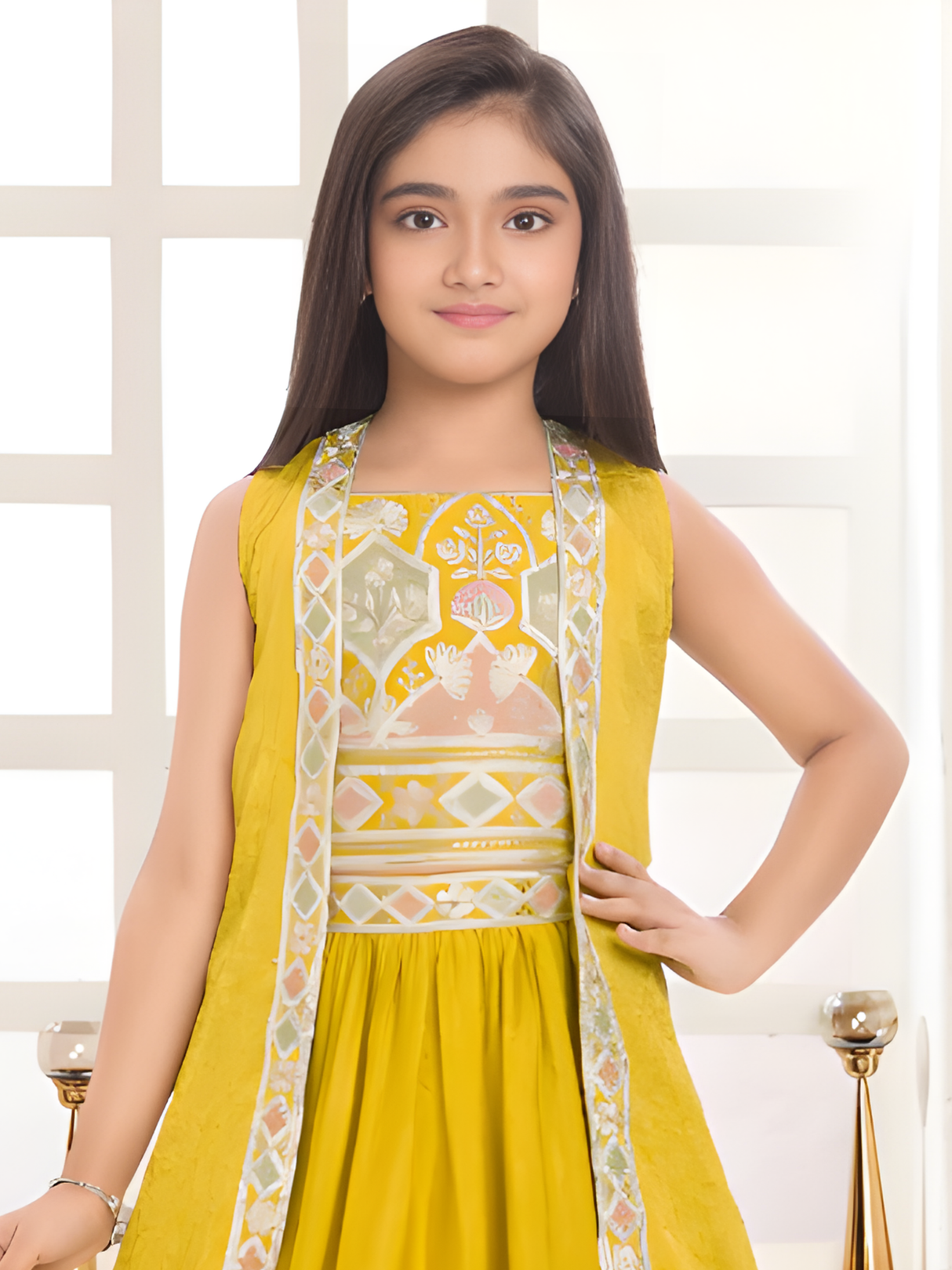 Girls' Embroidered Mustard Yellow Gown with Jacket Overlay